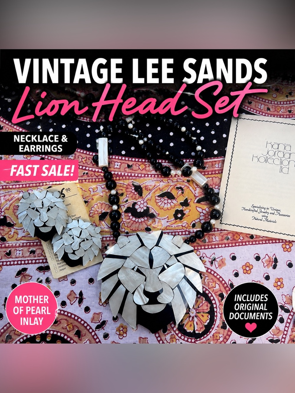 Vintage Lee Sands Mother of Pearl Lion Head Necklace & Matching Earrings Set
